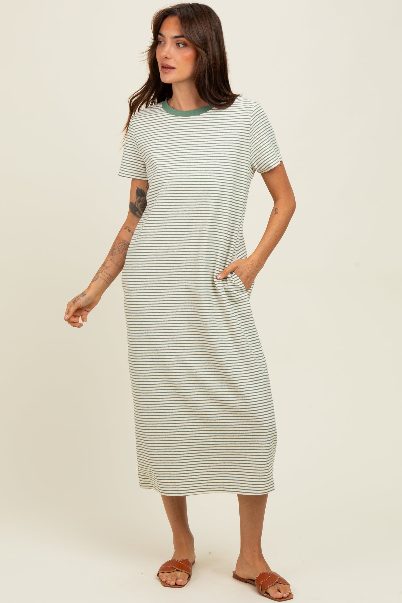 Olive Striped Short Sleeve Maternity Midi T-Shirt Dress