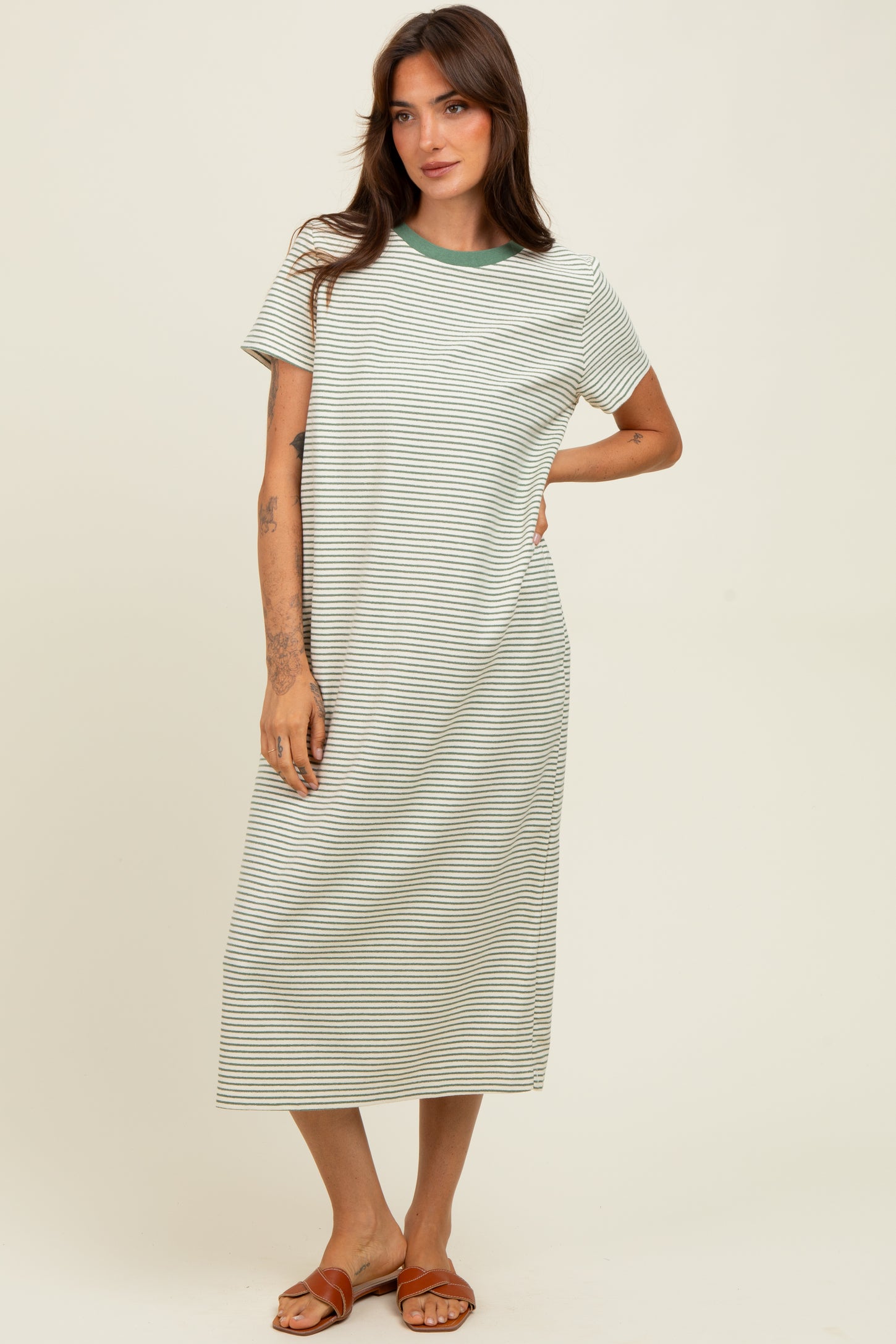 Olive Striped Short Sleeve Midi T-Shirt Dress