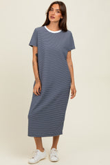 Navy Striped Short Sleeve Midi T-Shirt Dress
