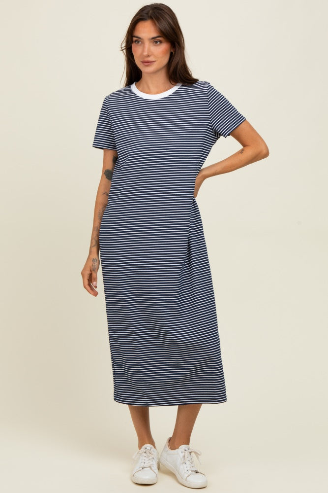 Navy Striped Short Sleeve Midi T-Shirt Dress