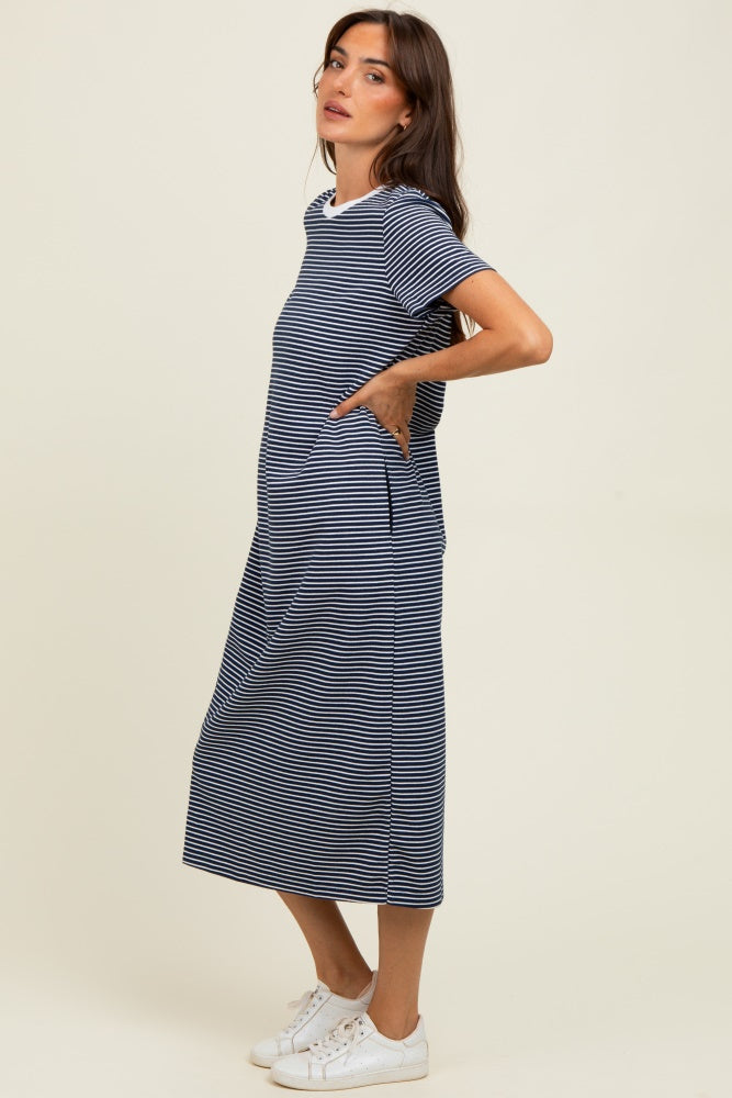 Navy Striped Short Sleeve Midi T-Shirt Dress