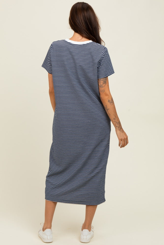 Navy Striped Short Sleeve Midi T-Shirt Dress