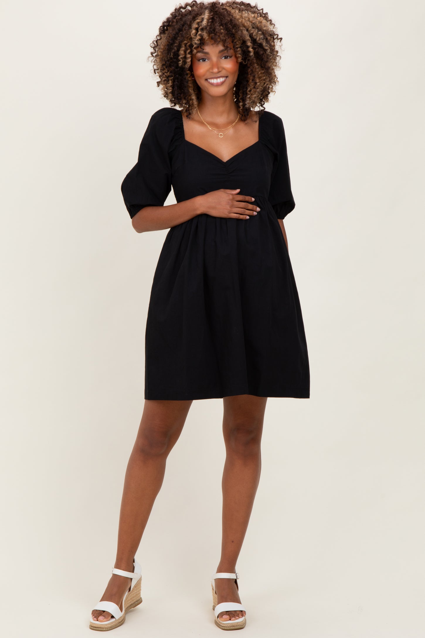 Black  Sweetheart Neckline Puff Sleeve Maternity Dress