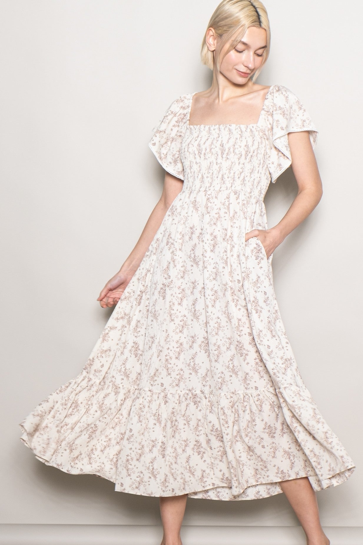 Cream Floral Smocked Lace Trim Flutter Sleeve Maternity Midi Dress