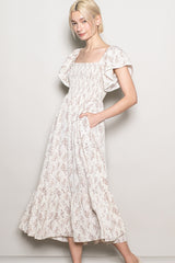 Cream Floral Smocked Lace Trim Flutter Sleeve Midi Dress