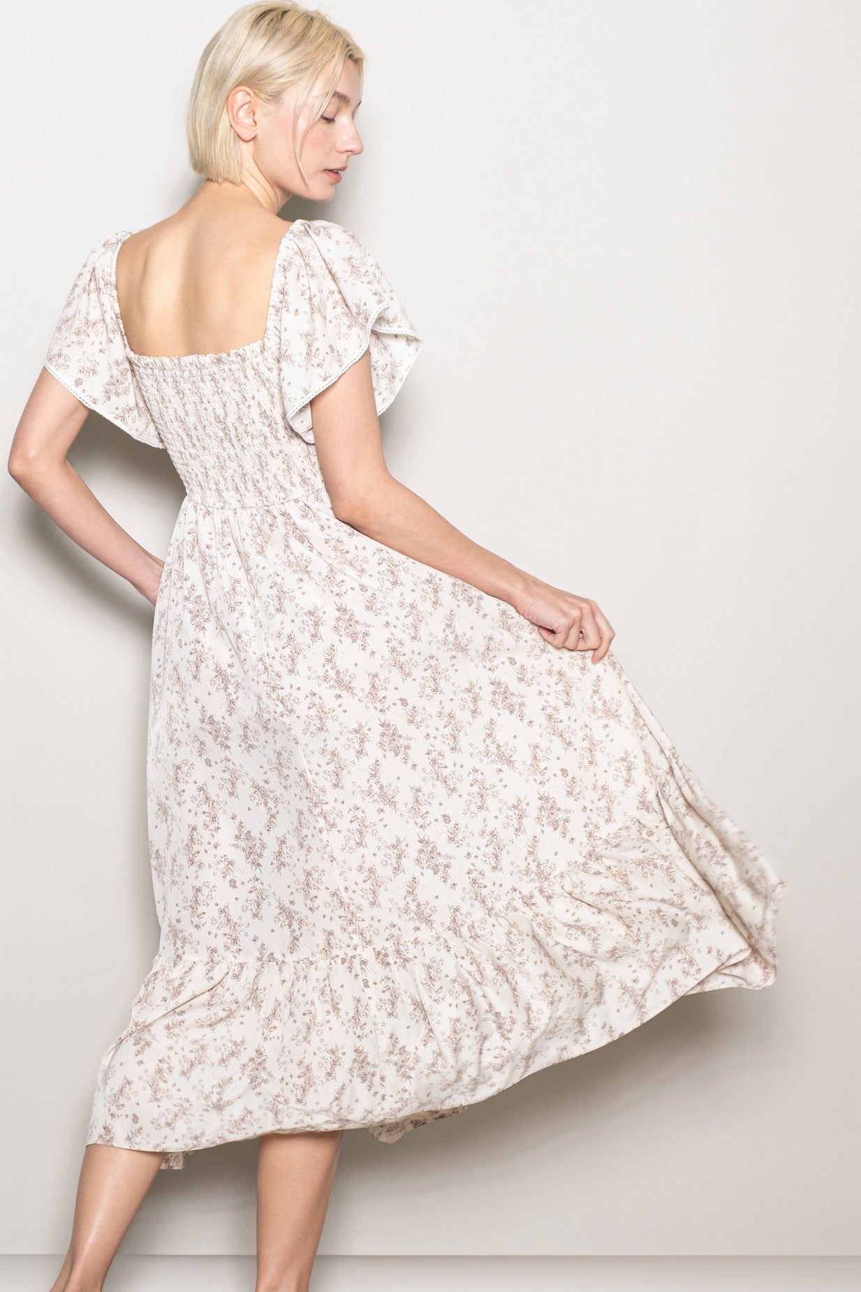Cream Floral Smocked Lace Trim Flutter Sleeve Midi Dress