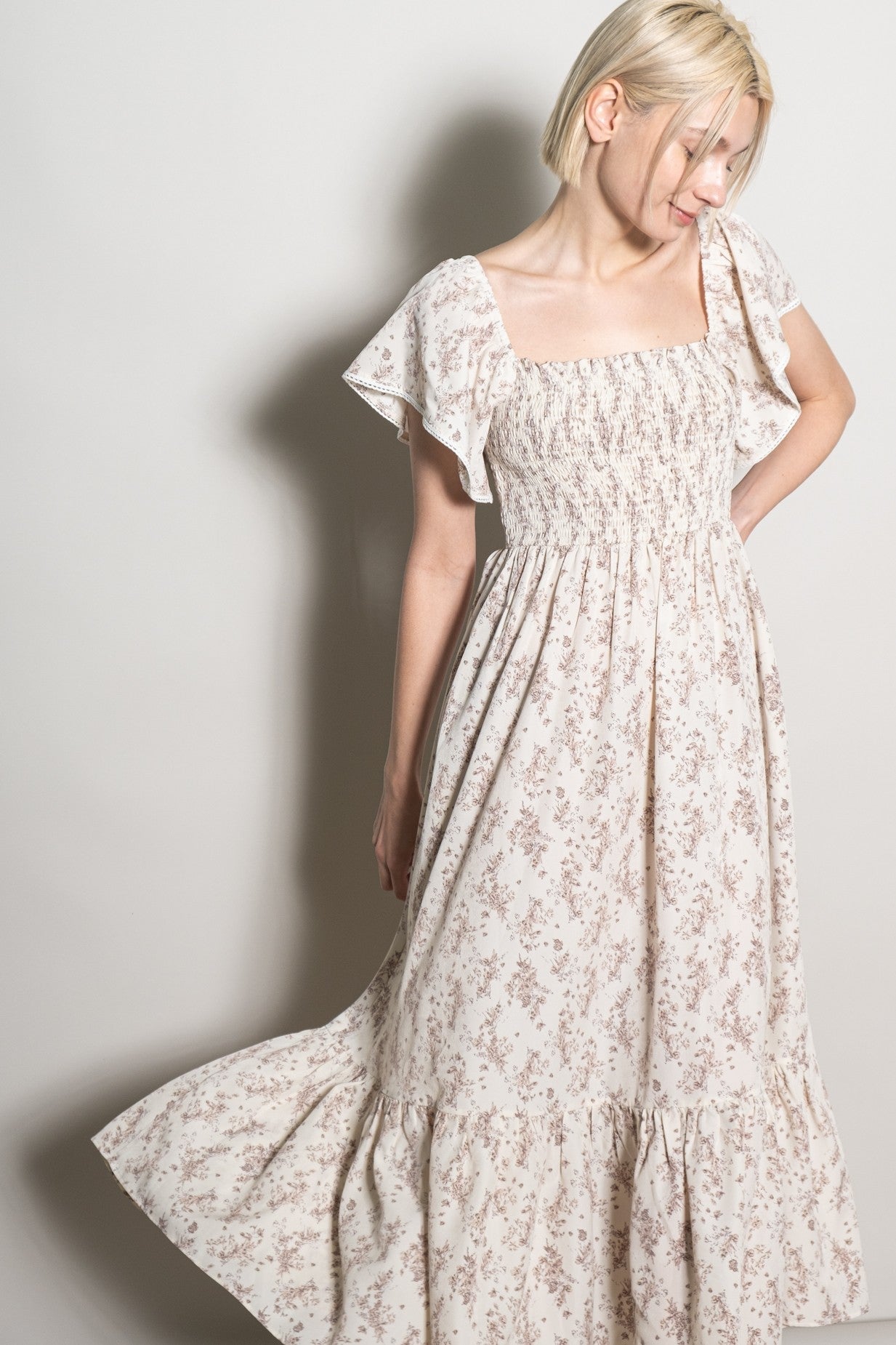 Cream Floral Smocked Lace Trim Flutter Sleeve Midi Dress