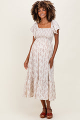 Cream Floral Smocked Lace Trim Flutter Sleeve Maternity Midi Dress