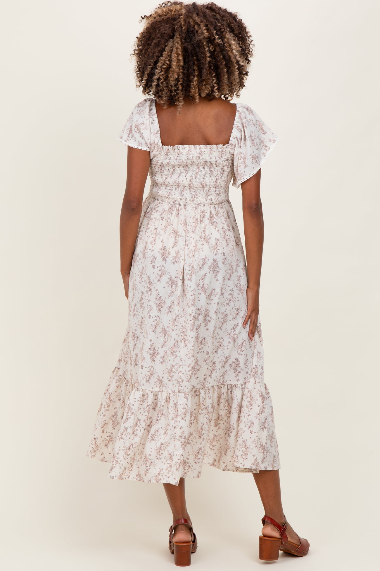 Cream Floral Smocked Lace Trim Flutter Sleeve Maternity Midi Dress