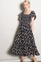 Black Floral Smocked Lace Trim Flutter Sleeve Midi Dress