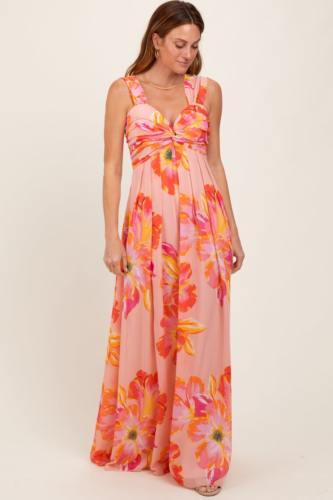 Peach Floral Chiffon Off Shoulder Maxi Dress