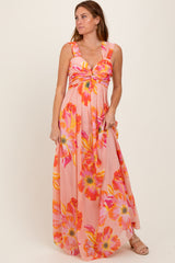 Peach Floral Chiffon Off Shoulder Maternity Maxi Dress