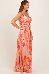 Peach Floral Chiffon Off Shoulder Maxi Dress