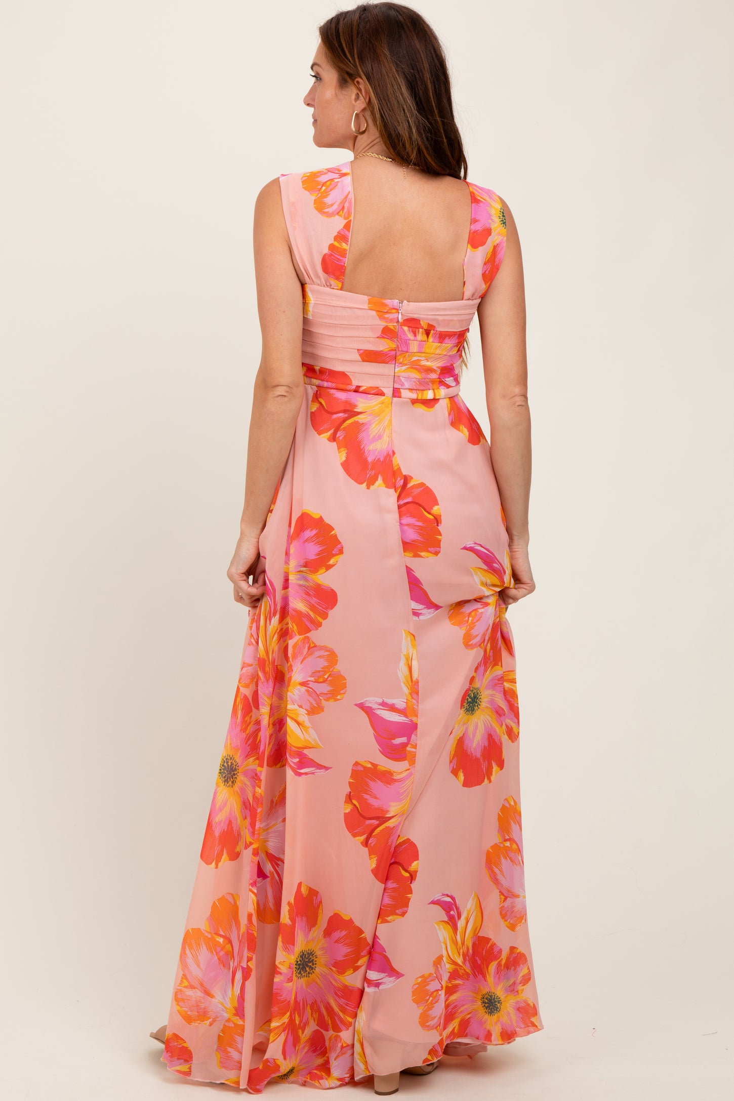 Peach Floral Chiffon Off Shoulder Maxi Dress