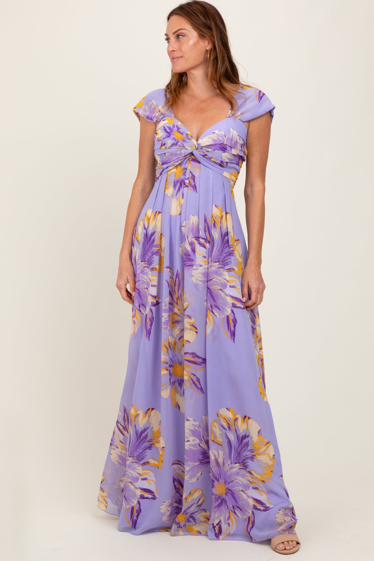 Lavender Floral Chiffon Off Shoulder Maxi Dress