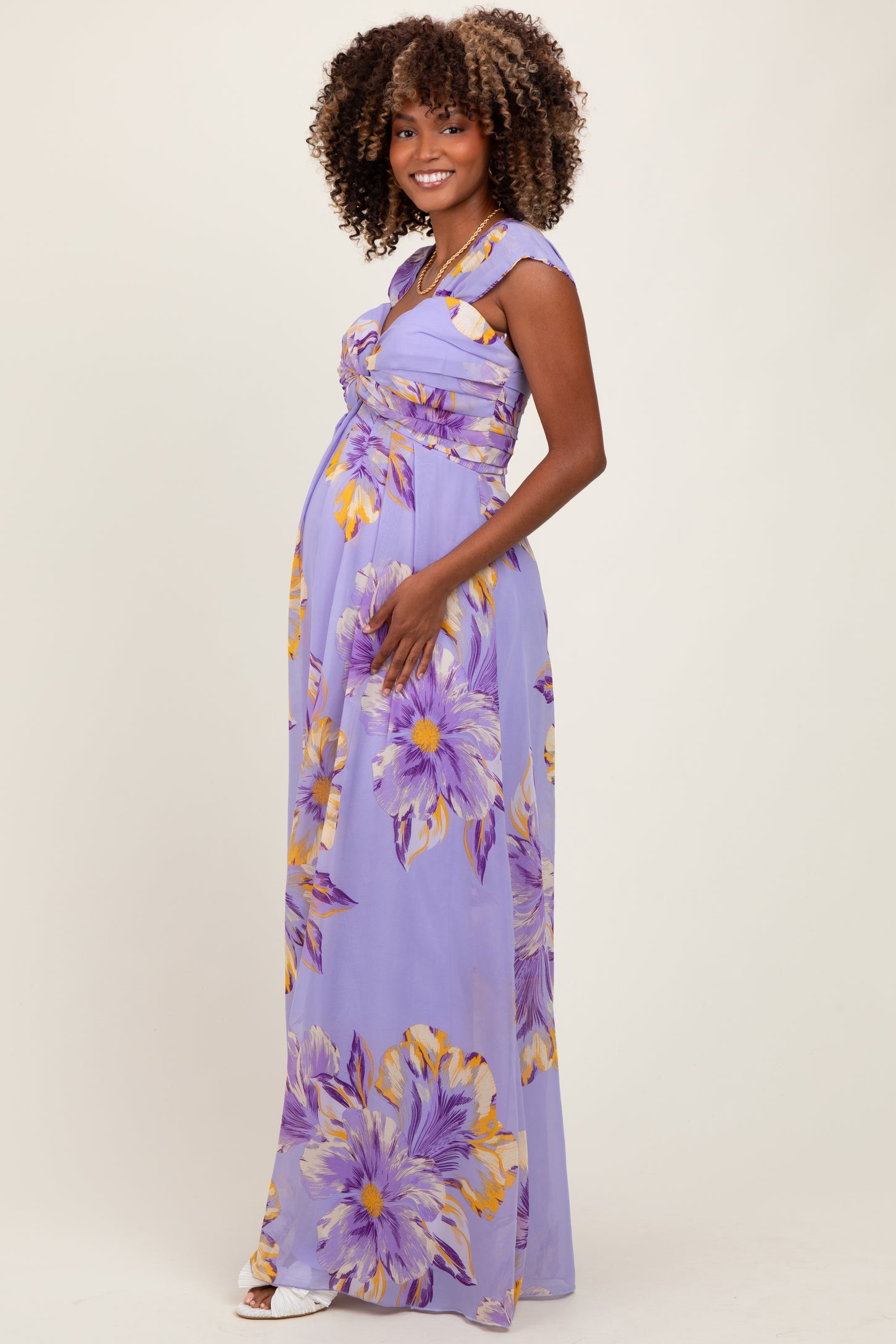 Lavender Floral Chiffon Off Shoulder Maternity Maxi Dress
