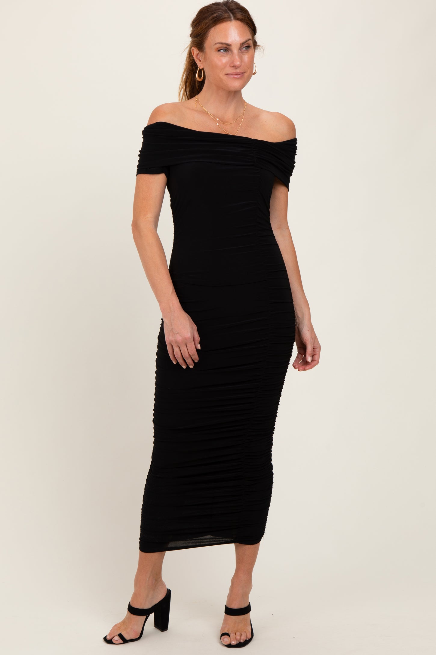 Black Off Shoulder Ruched Maternity Midi Dress