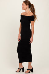 Black Off Shoulder Ruched Midi Dress