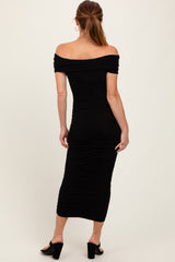 Black Off Shoulder Ruched Midi Dress