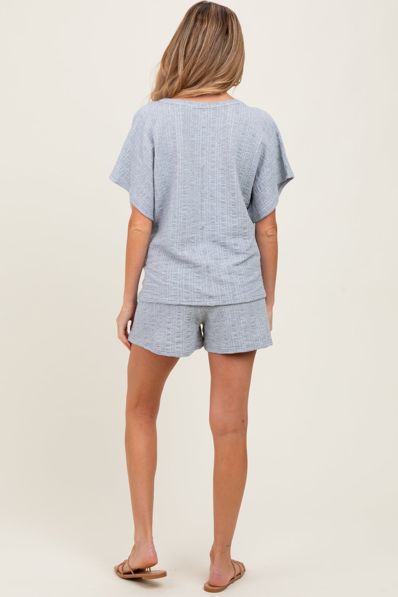 Heather Grey Textured Knit Dolman Sleeve Top Shorts Maternity Set