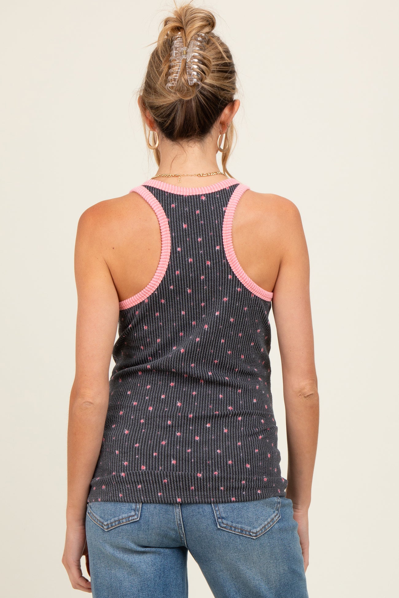 Charcoal Floral Ribbed Contrast Trim Maternity Tank Top