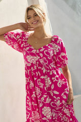 woman wearing a pink floral print maxi dress with puff sleeves and a square neckline