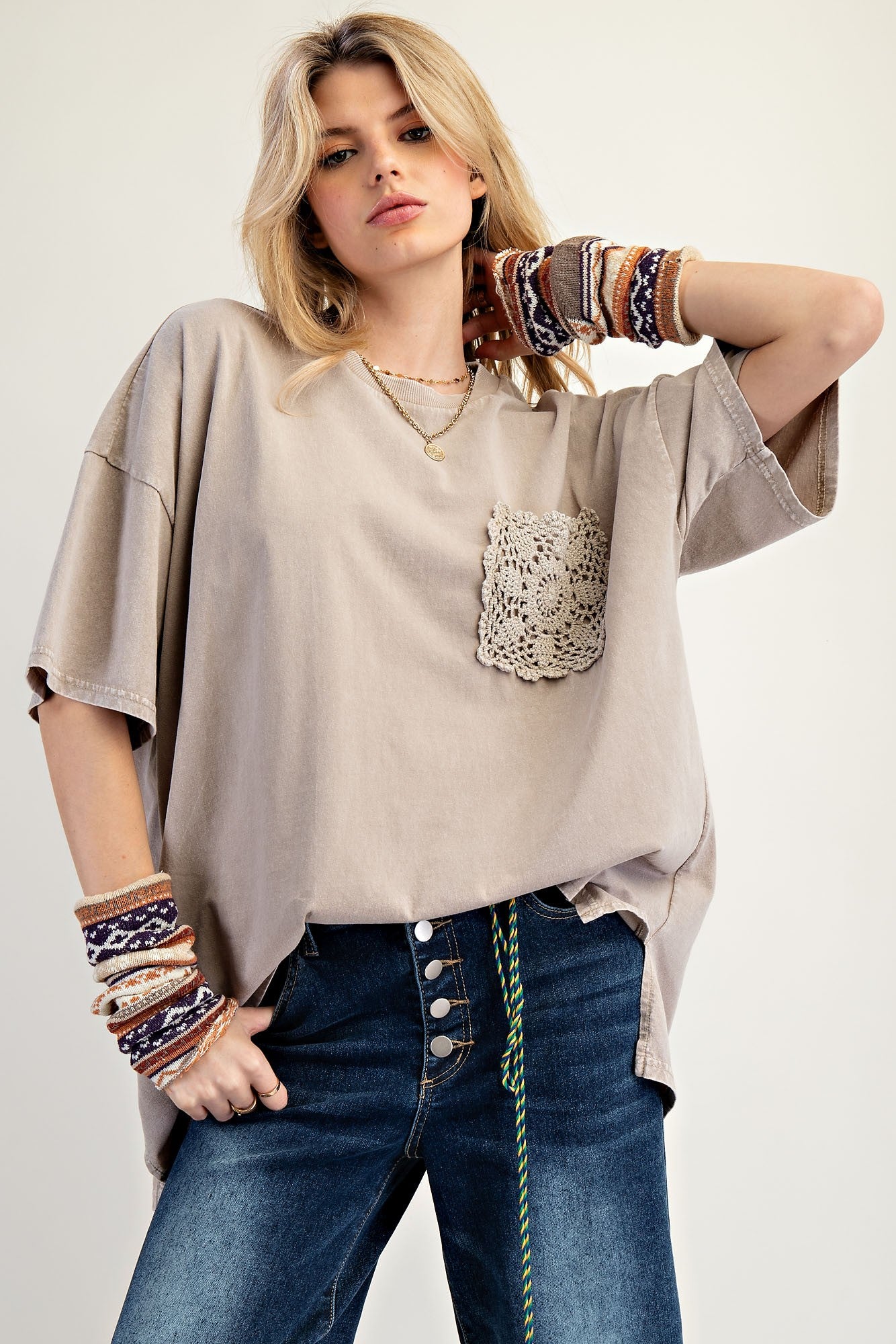 Taupe Mineral Wash Crochet Pocket Maternity Top