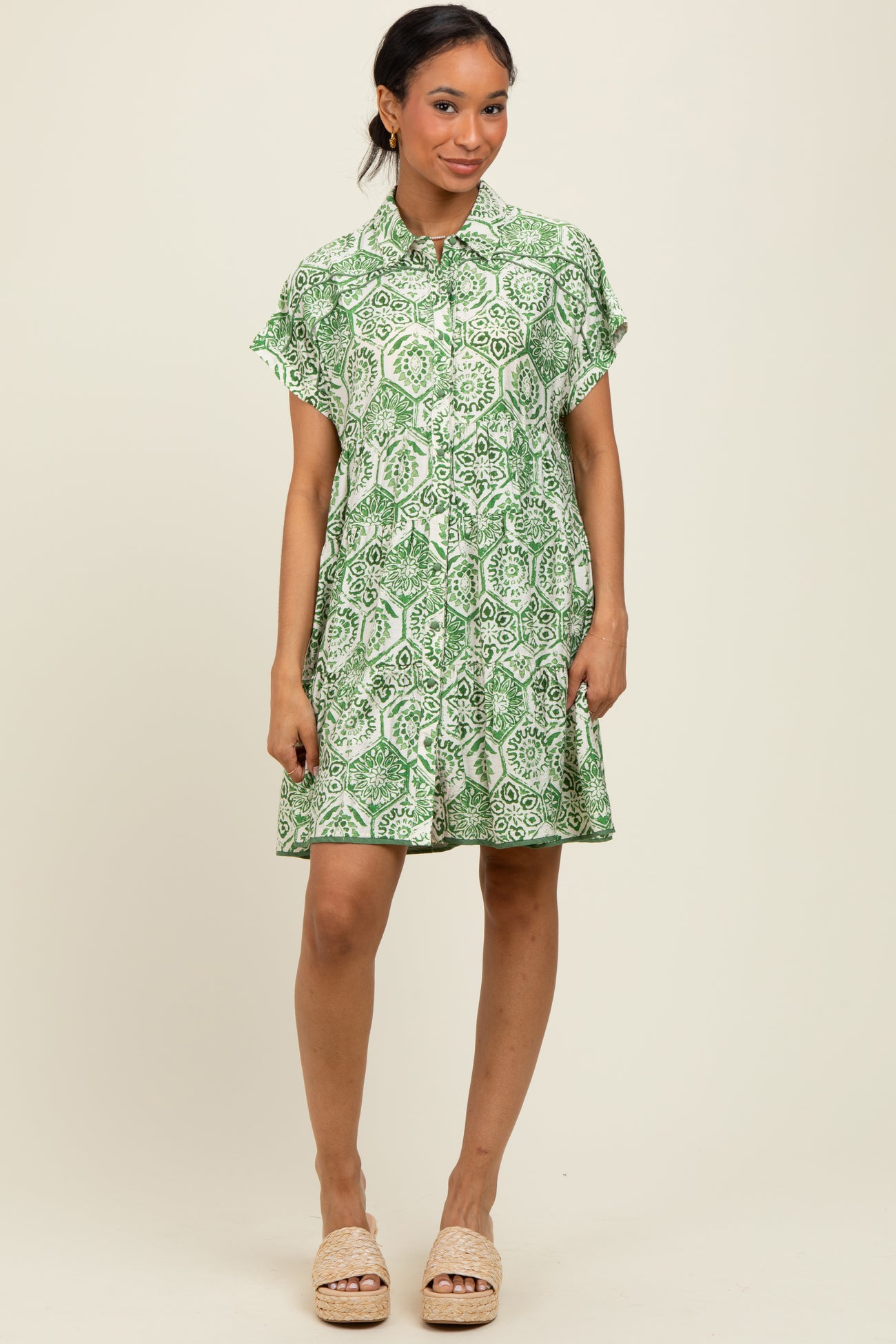 Green Damask Tiered Short Sleeve Maternity Shirt Dress