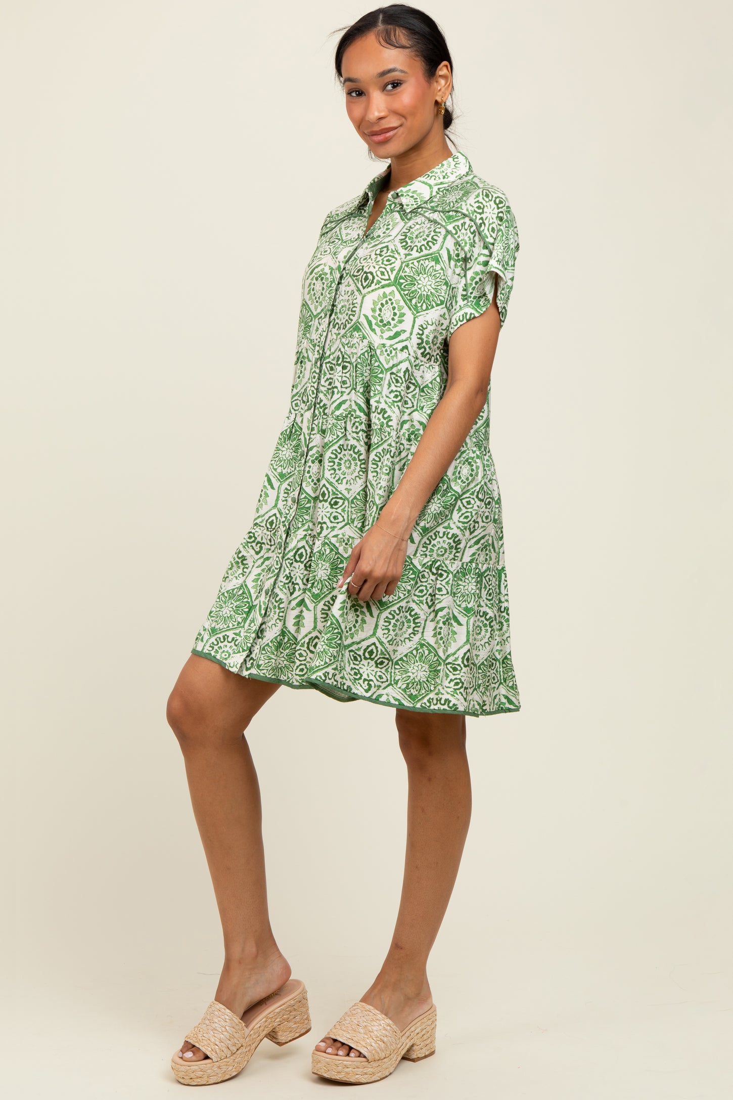 Green Damask Tiered Short Sleeve Shirt Dress