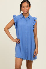 Periwinkle Fringe Detail Ruffle Sleeve Shirt Dress