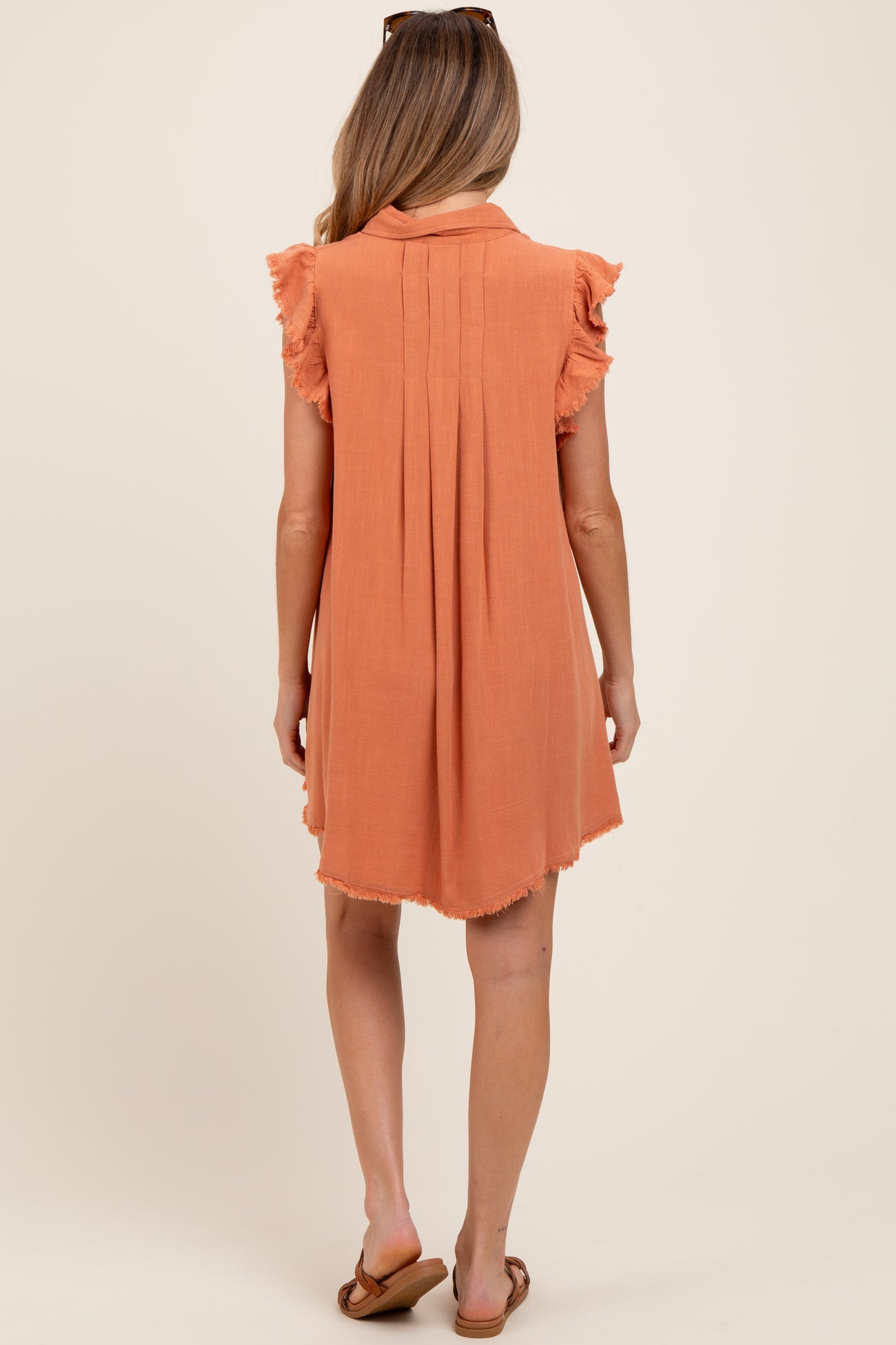 Peach Fringe Detail Ruffle Sleeve Maternity Shirt Dress