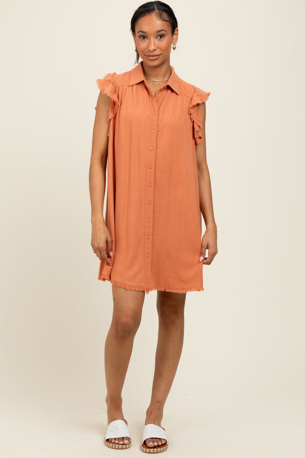 Peach Fringe Detail Ruffle Sleeve Maternity Shirt Dress