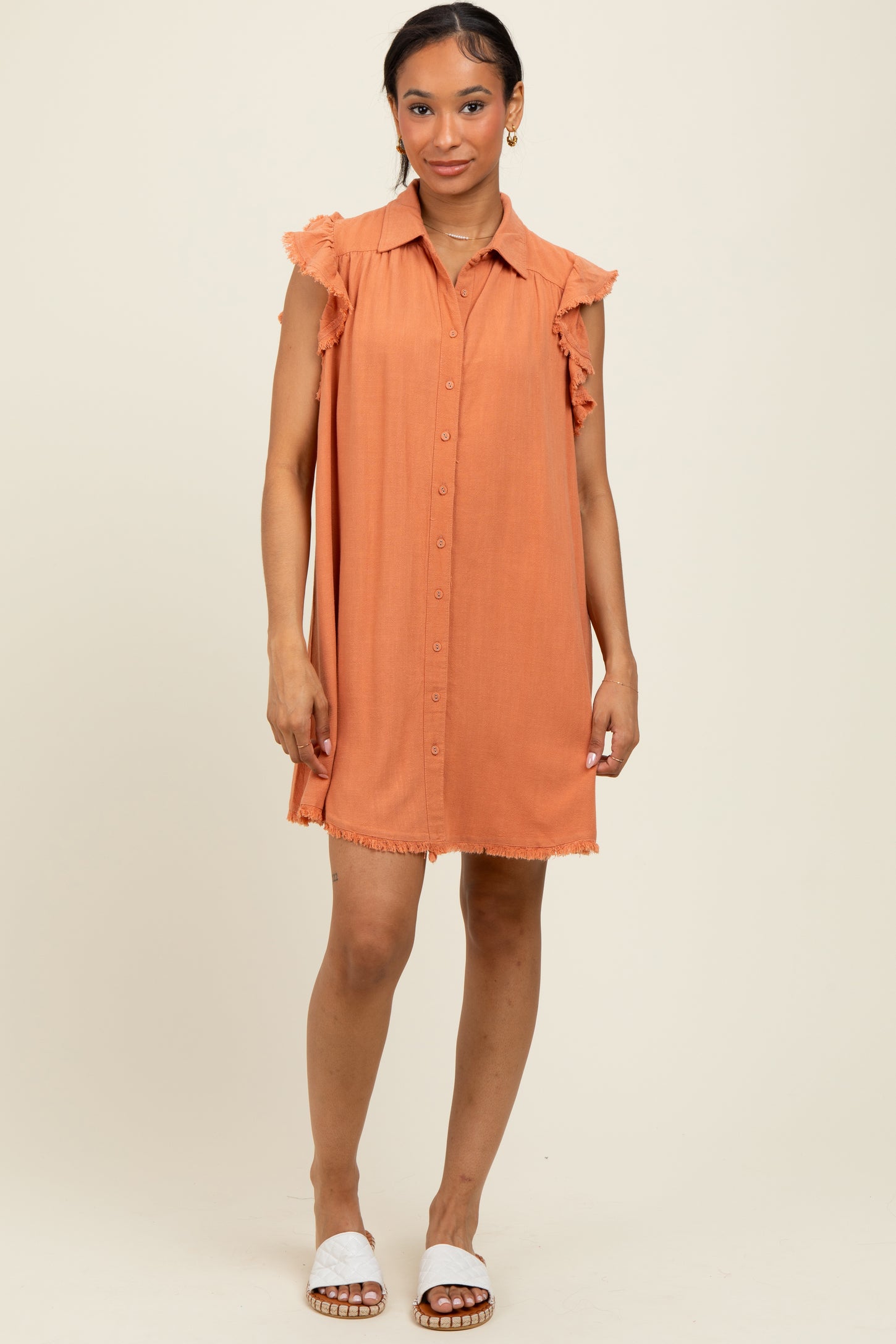 Peach Fringe Detail Ruffle Sleeve Maternity Shirt Dress