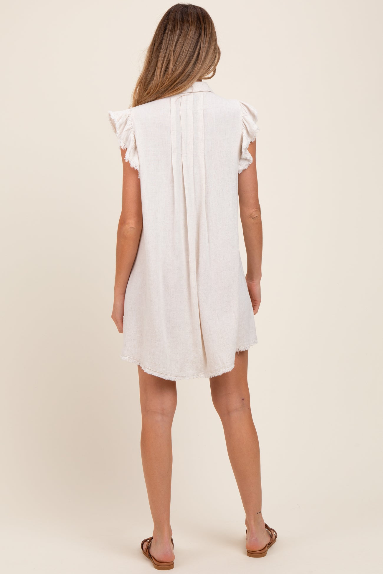 Beige Fringe Detail Ruffle Sleeve Maternity Shirt Dress
