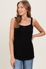 Black Lace-Trim Ribbed Tank Top