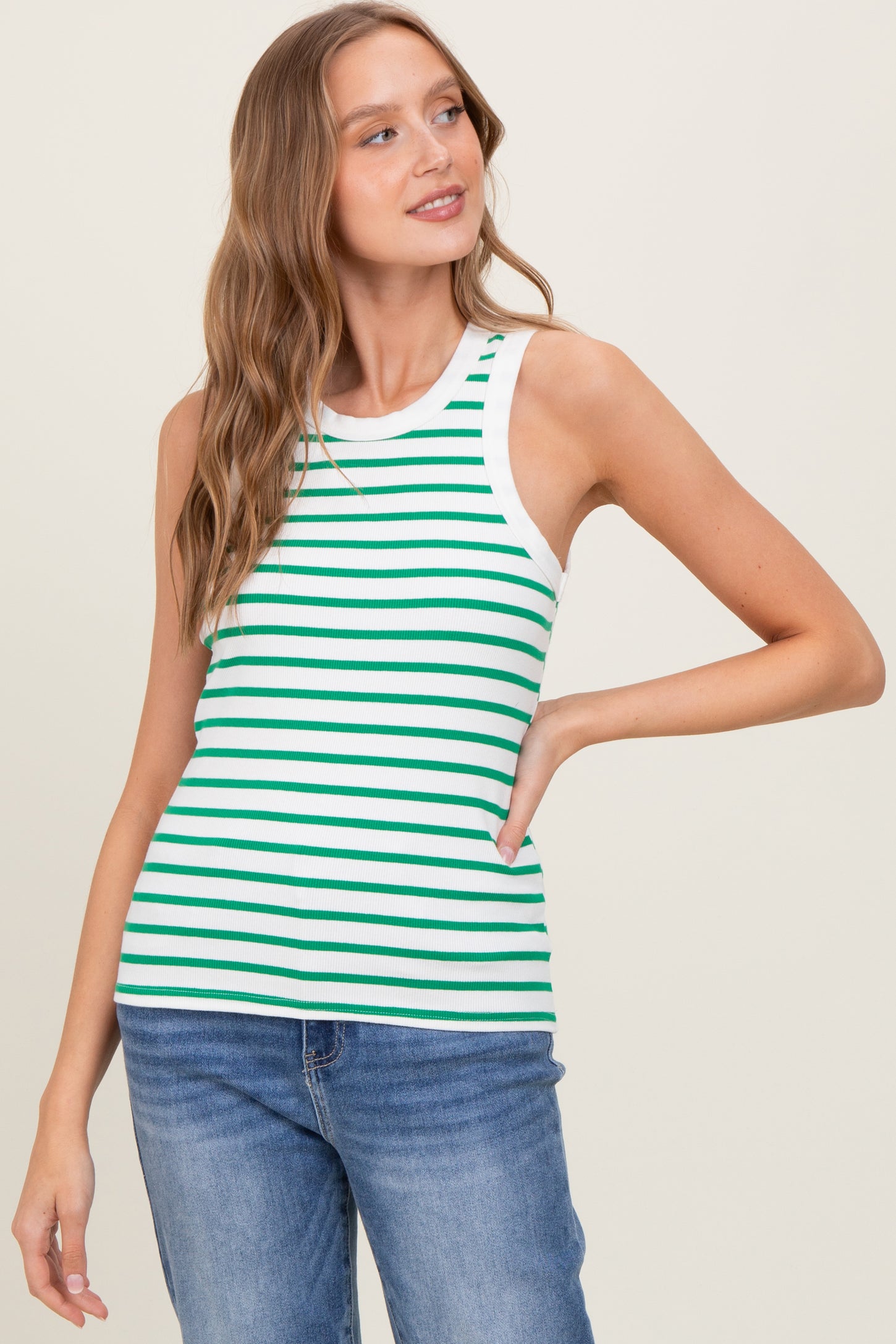 White/Green Striped Sleeveless Tank Top