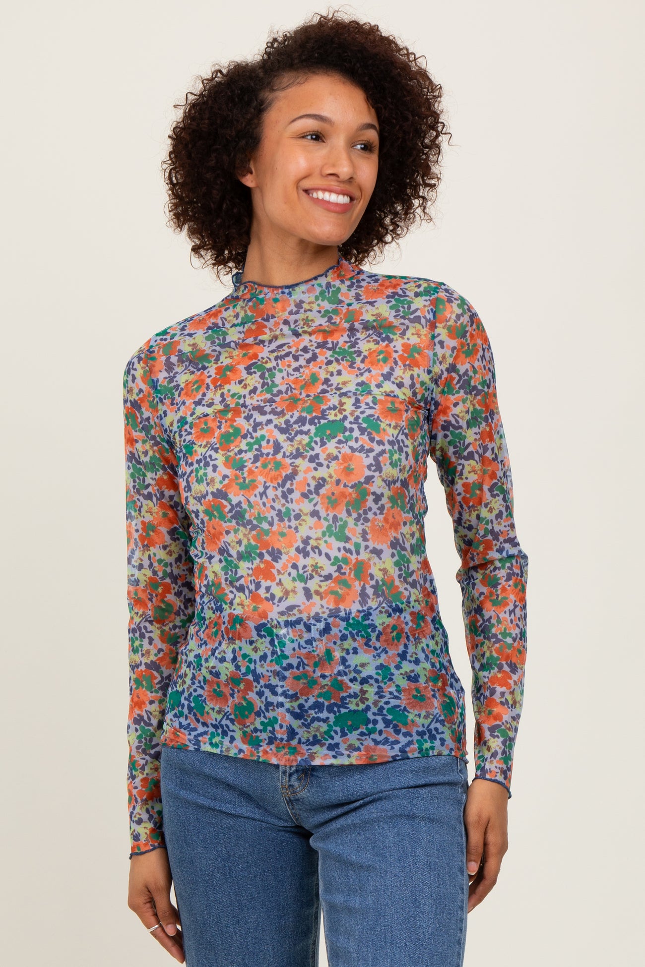 Blue Floral Mesh Long Sleeve Turtle Neck Maternity Top