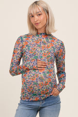 Blue Floral Mesh Long Sleeve Turtle Neck Maternity Top