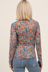 Blue Floral Mesh Long Sleeve Turtle Neck Maternity Top