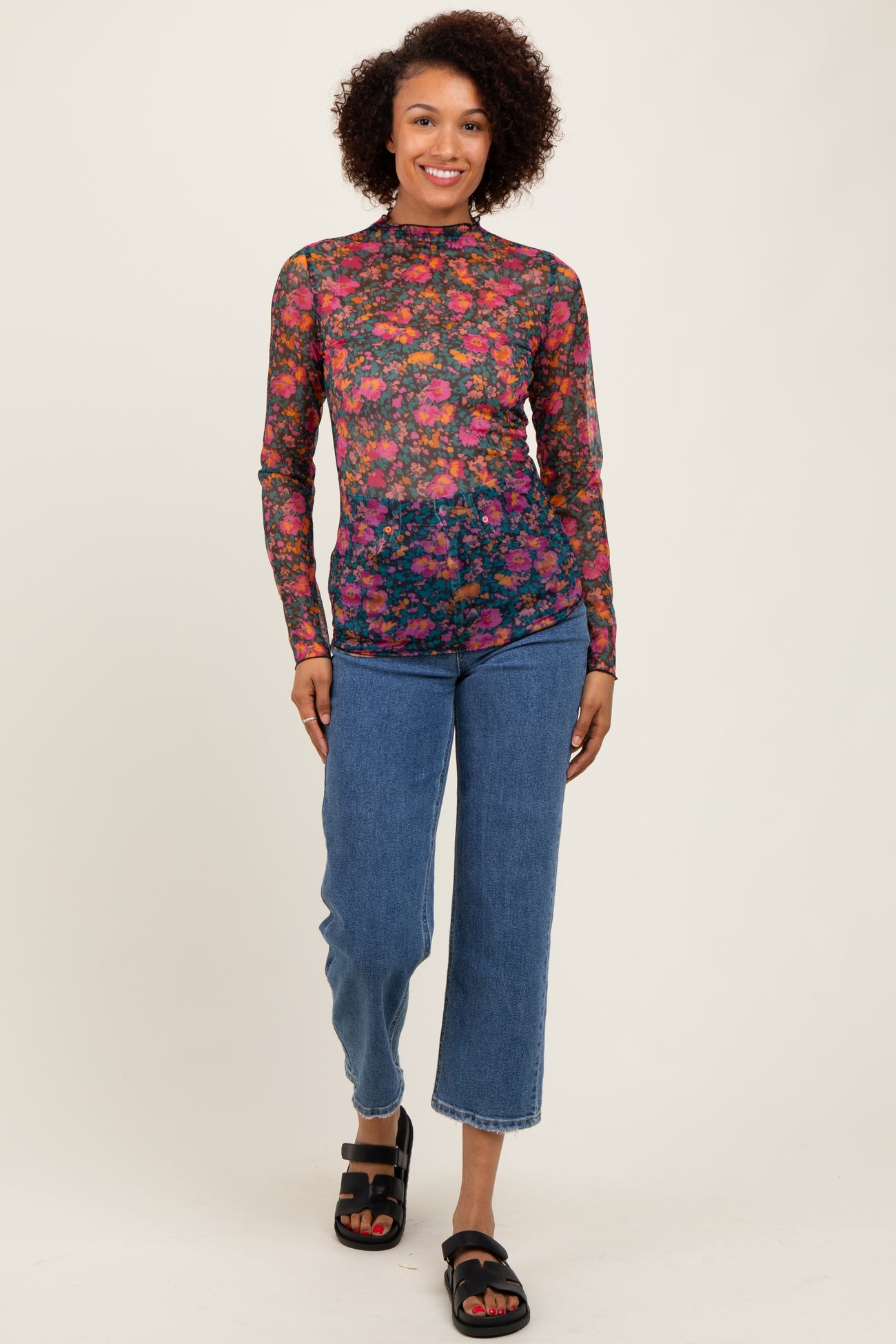 Black Floral Mesh Long Sleeve Turtle Neck Top
