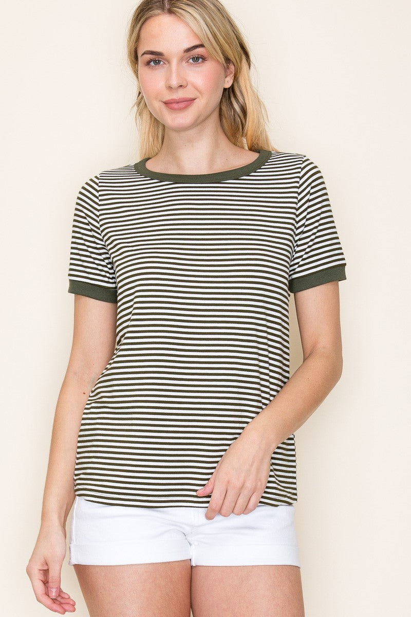 Olive Striped Short Sleeve Maternity Top