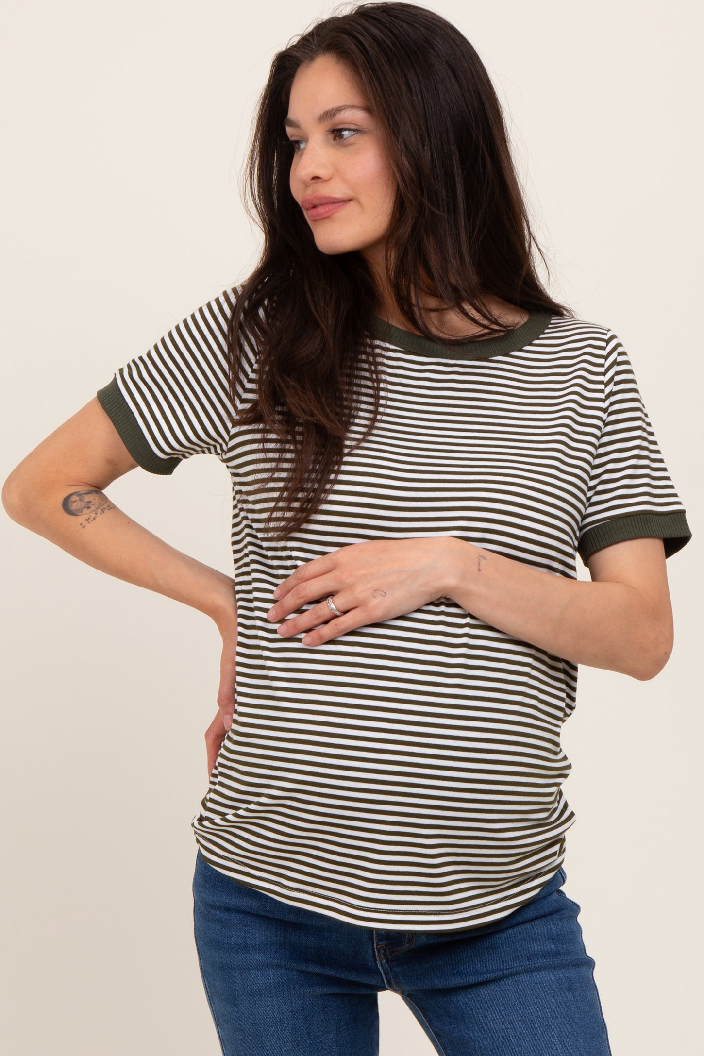 Olive Striped Short Sleeve Maternity Top