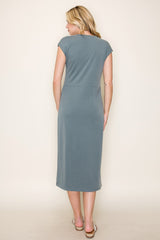 woman wearing a gray cap sleeve midi dress, view from the back