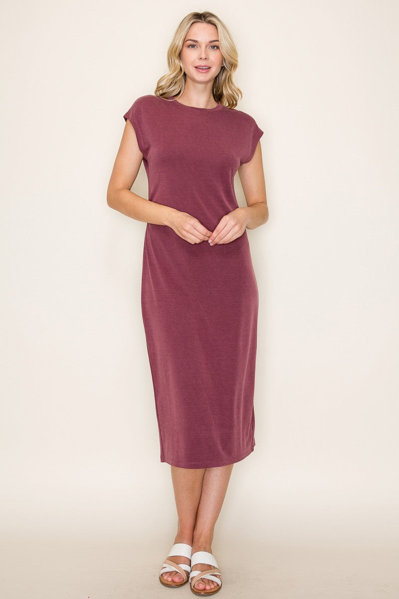 Burgundy Solid Short Sleeve Midi Dress