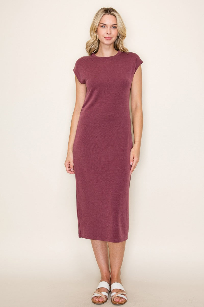 Burgundy Solid Short Sleeve Midi Dress