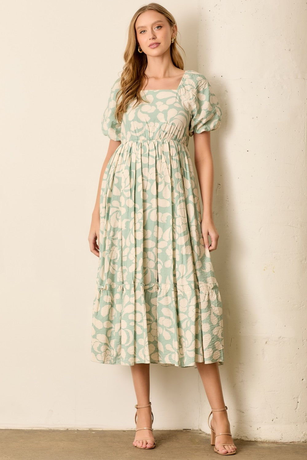 Sage Printed Square Neck Bubble Sleeve Maternity Maxi Dress