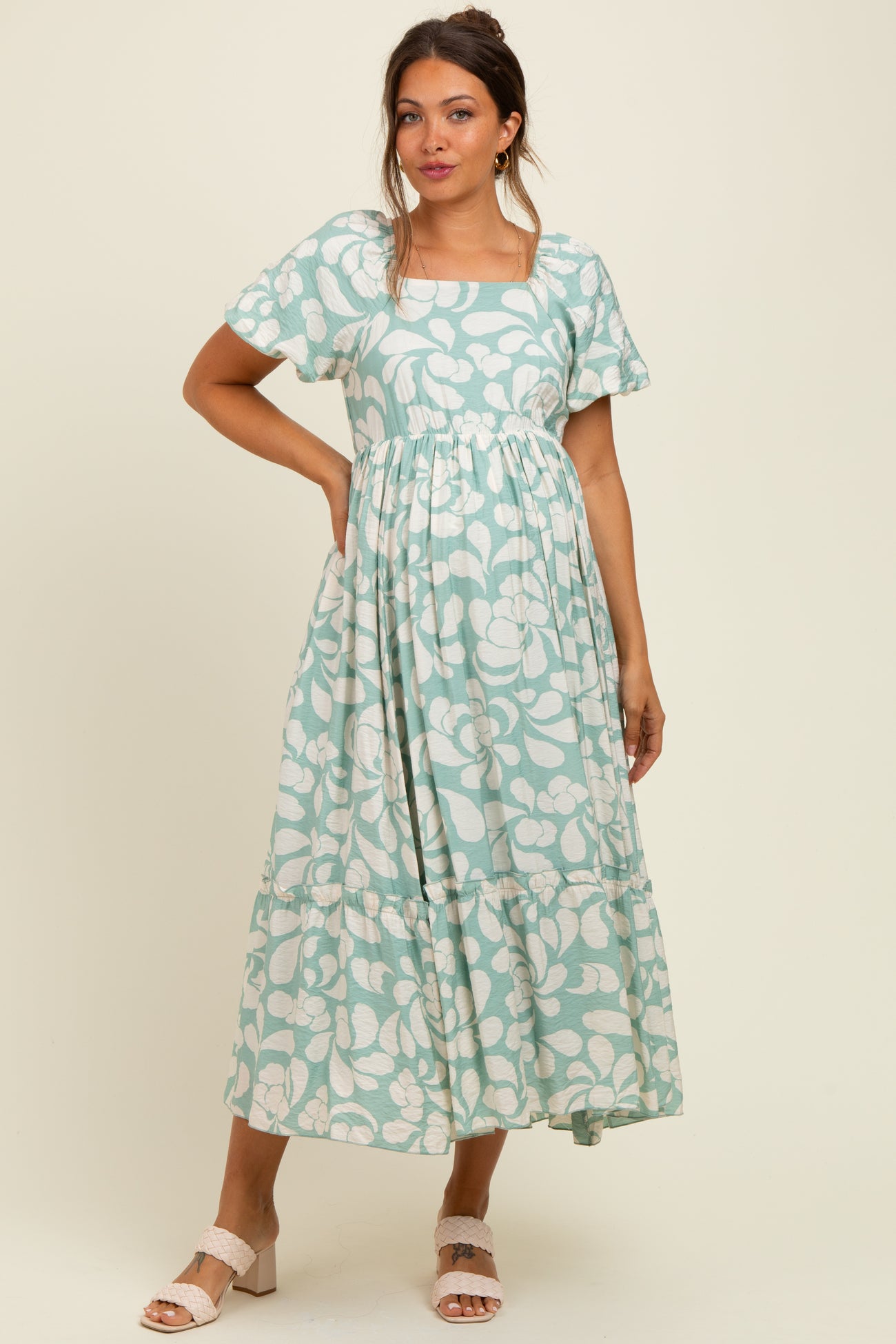 Sage Printed Square Neck Bubble Sleeve Maternity Maxi Dress