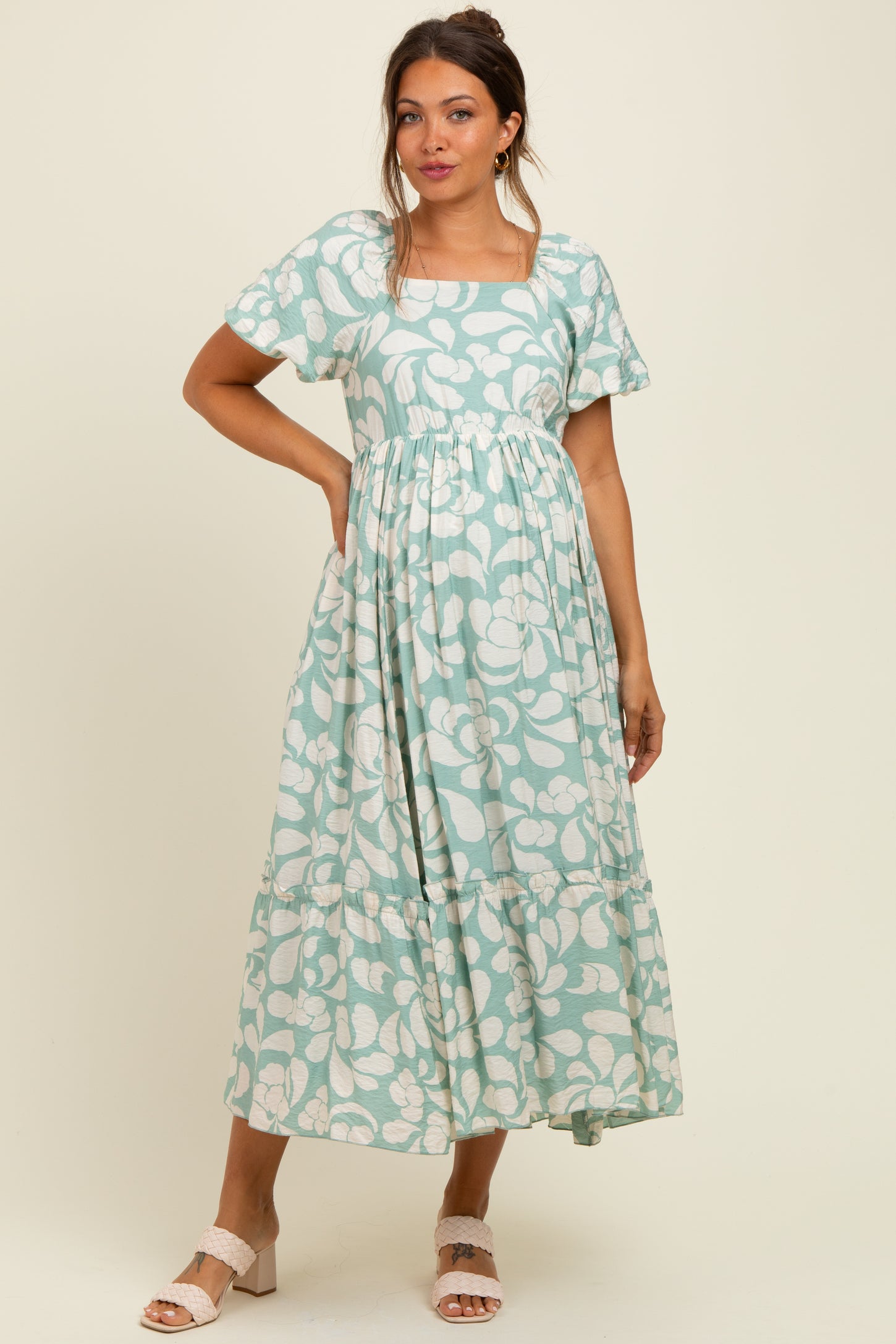 Sage Printed Square Neck Bubble Sleeve Maternity Maxi Dress