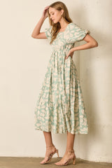 Sage Printed Square Neck Bubble Sleeve Maxi Dress