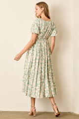 Sage Printed Square Neck Bubble Sleeve Maxi Dress